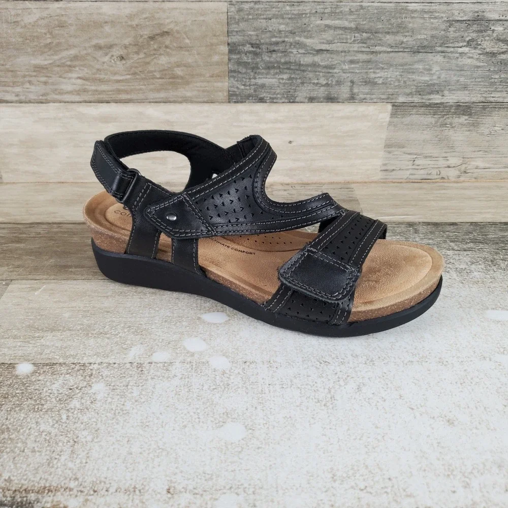 Clarks Calenne Carmen Womens Wedge Sandal Sz 8 Black Leather Adjustable Straps